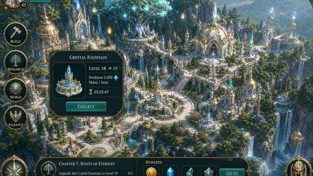Interfaccia di un gioco di costruzione di città fantasy con edifici elfici, cascate e pannelli di risorse