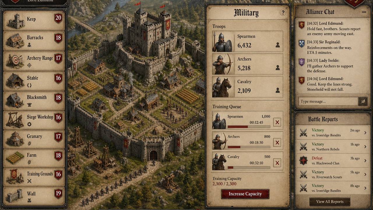 Interfaccia di un gioco di strategia medievale con castello fortificato, pannello militare e chat dell'alleanza
