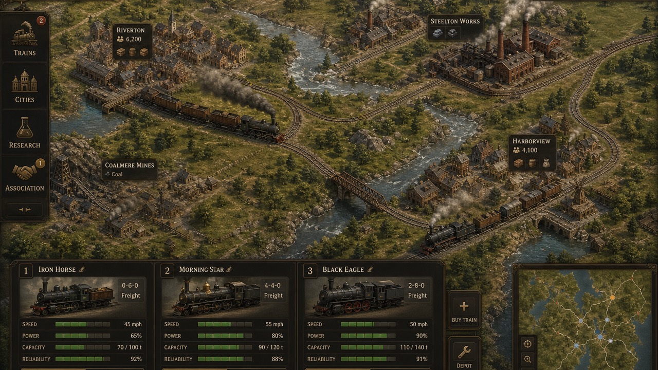 Interfaccia di un gioco gestionale ferroviario con mappa isometrica, locomotive a vapore e pannello dei treni