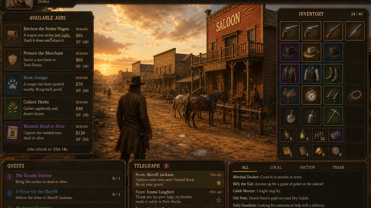 Interfaccia di un gioco di ruolo western con strada di una città di frontiera, elenco di lavori e inventario